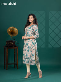 Tissue readymade kurti beige and teal green with allover floral prints & beaded mirror work neck pattern without bottom