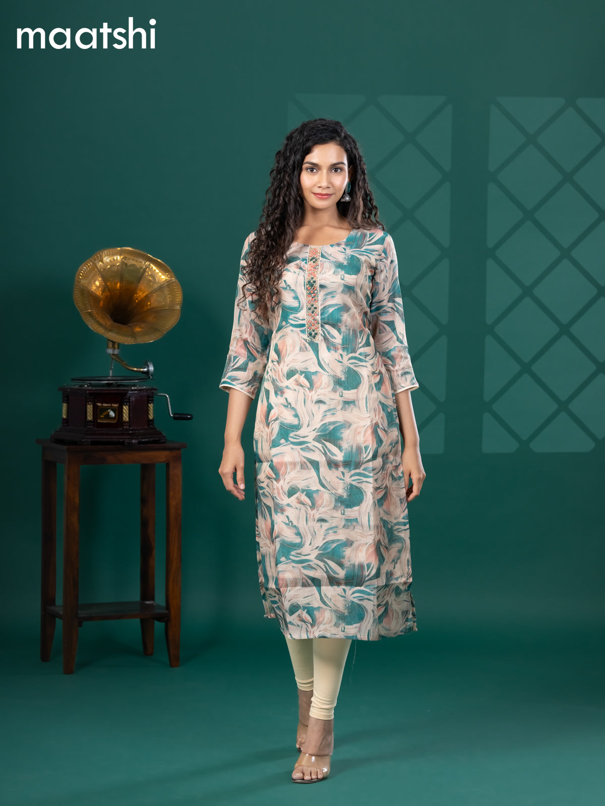 Tissue readymade kurti beige and teal green with allover floral prints & beaded mirror work neck pattern without bottom