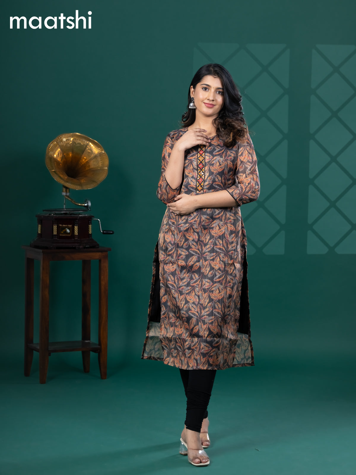 Tissue readymade kurti black with allover leaf prints & beaded mirror work neck pattern without bottom