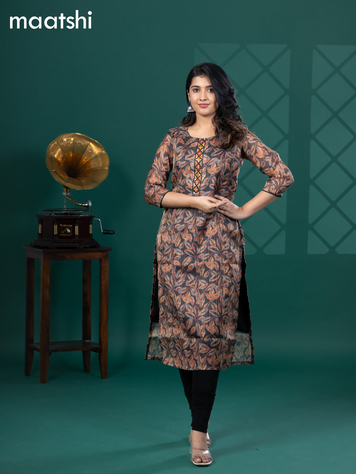 Tissue readymade kurti black with allover leaf prints & beaded mirror work neck pattern without bottom