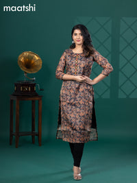 Tissue readymade kurti black with allover leaf prints & beaded mirror work neck pattern without bottom