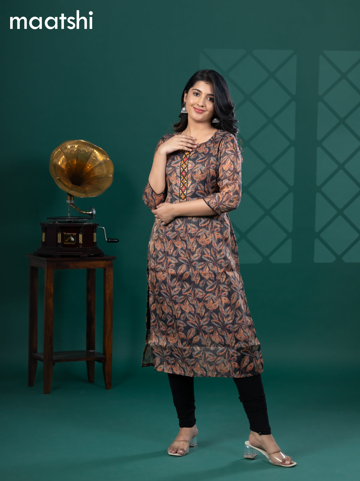 Tissue readymade kurti black with allover leaf prints & beaded mirror work neck pattern without bottom