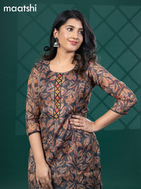 Tissue readymade kurti black with allover leaf prints & beaded mirror work neck pattern without bottom