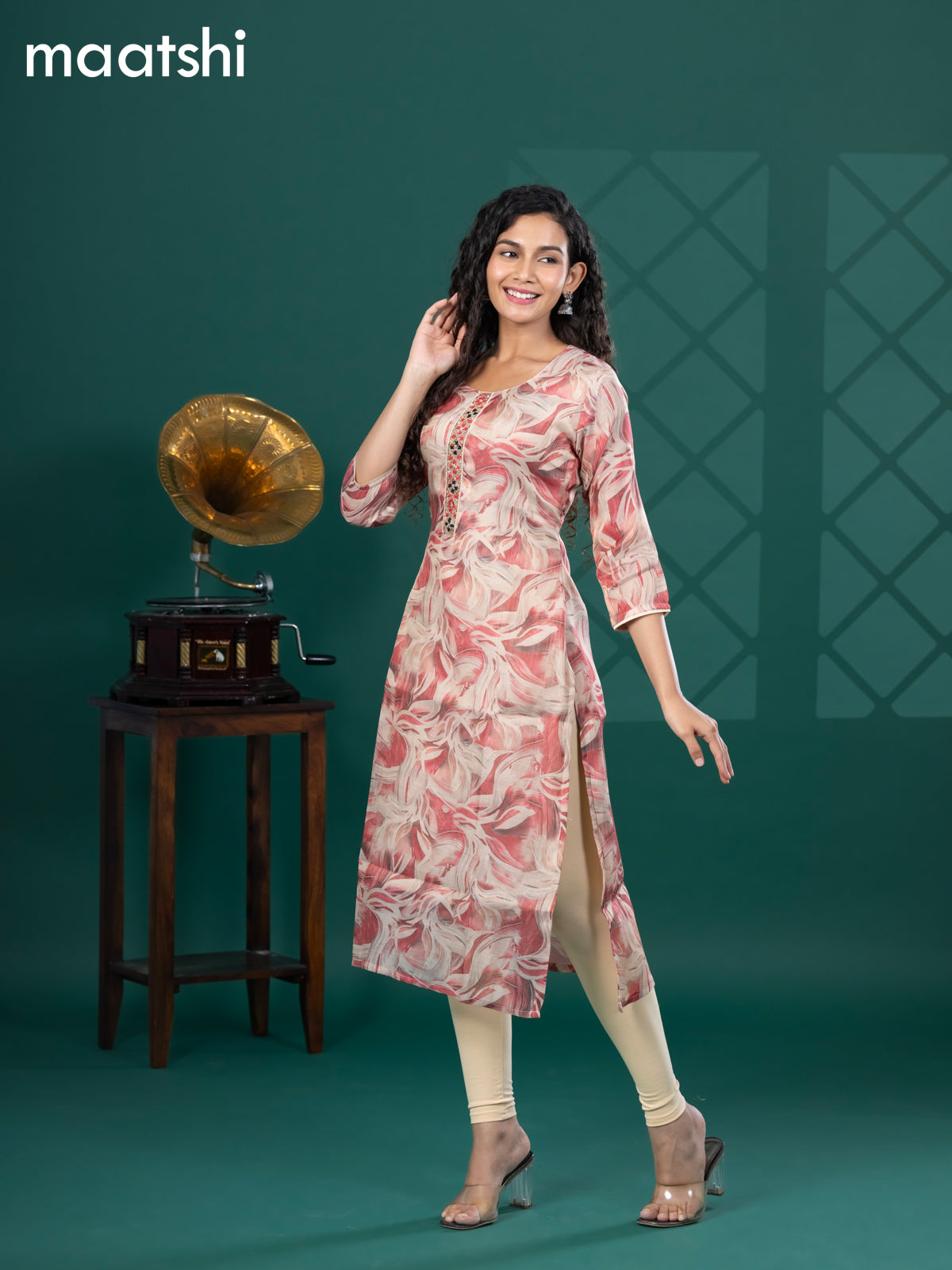 Tissue readymade kurti beige and pink shade with allover floral prints & beaded mirror work neck pattern without bottom