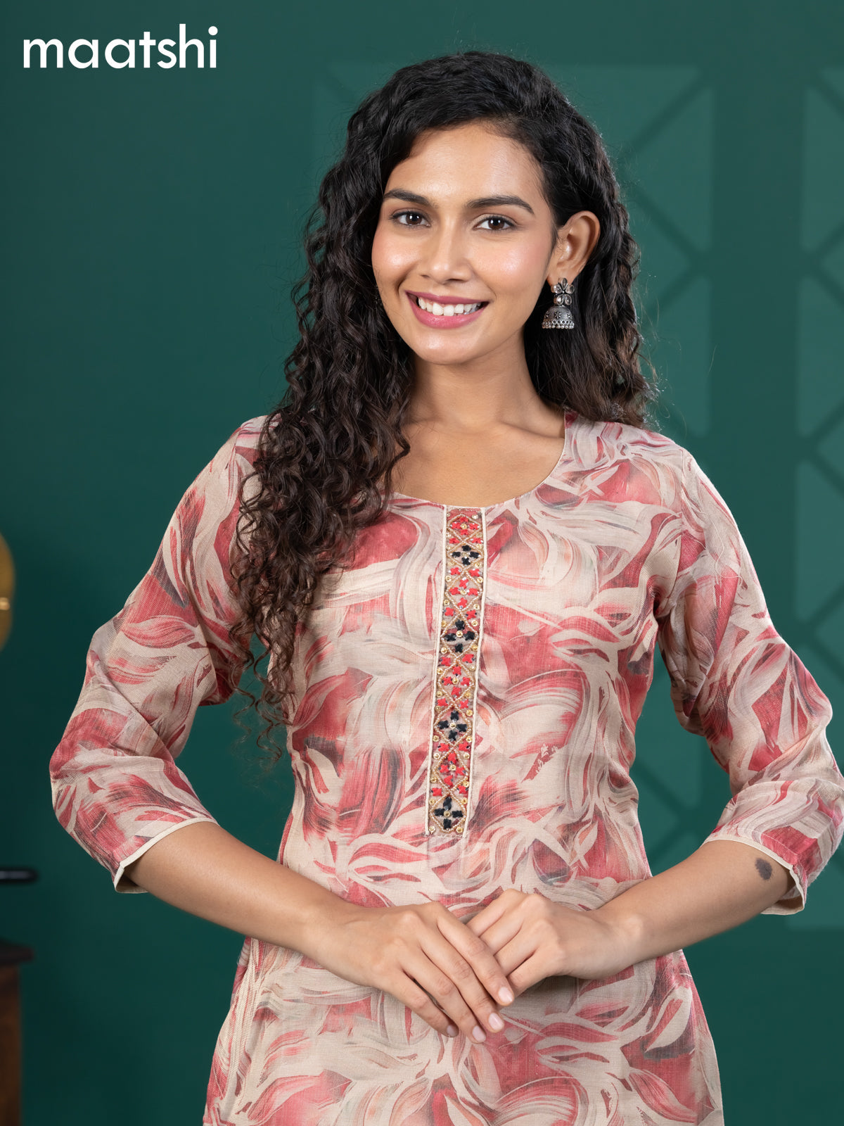 Tissue readymade kurti beige and pink shade with allover floral prints & beaded mirror work neck pattern without bottom