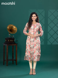 Tissue readymade kurti beige and multi colour with allover prints & beaded mirror work neck pattern without bottom