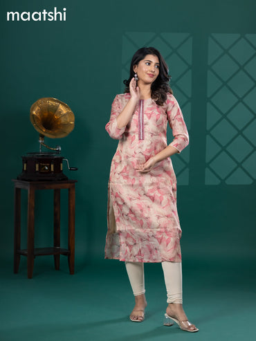 Tissue readymade kurti beige and peach pink with allover floral prints & beaded work neck pattern without bottom