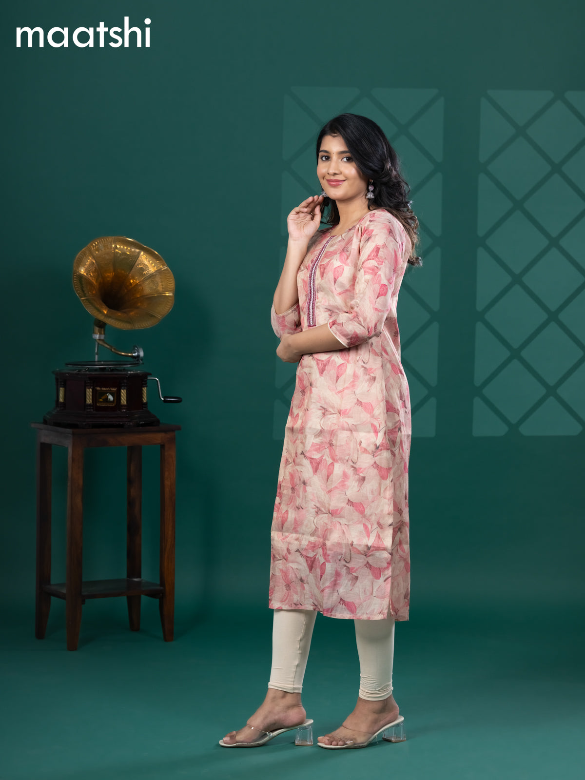 Tissue readymade kurti beige and peach pink with allover floral prints & beaded work neck pattern without bottom