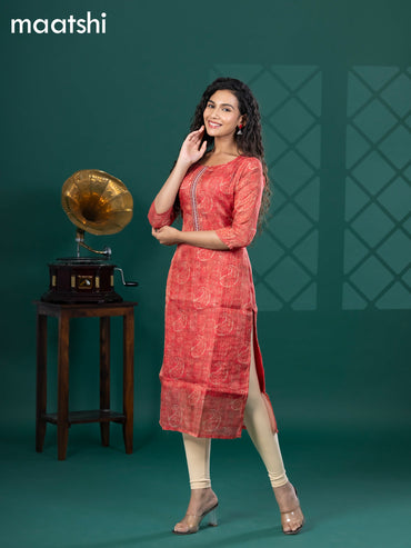 Tissue readymade kurti red with allover paisley prints & beaded work neck pattern without bottom