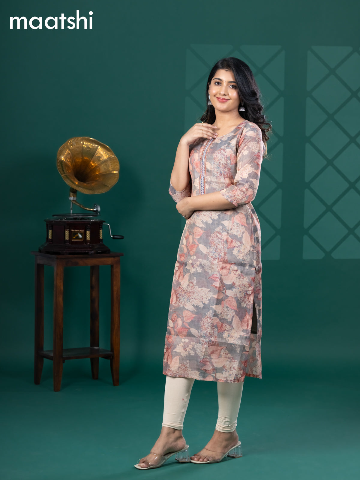 Tissue readymade kurti grey and beige with allover floral prints & beaded work neck pattern without bottom