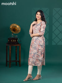 Tissue readymade kurti grey and beige with allover floral prints & beaded work neck pattern without bottom