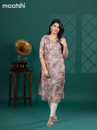 Tissue readymade kurti grey and beige with allover floral prints & beaded work neck pattern without bottom