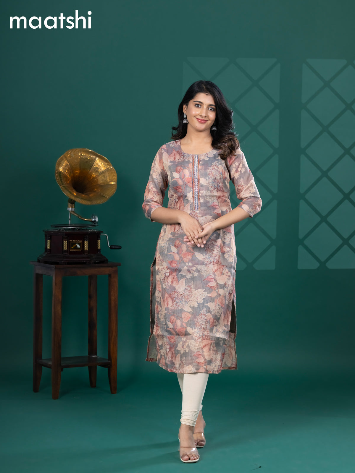 Tissue readymade kurti grey and beige with allover floral prints & beaded work neck pattern without bottom