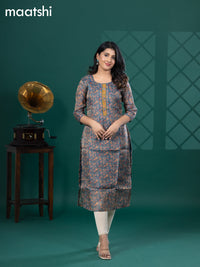 Tissue readymade kurti blue shade with allover floral prints & beaded work neck pattern without bottom