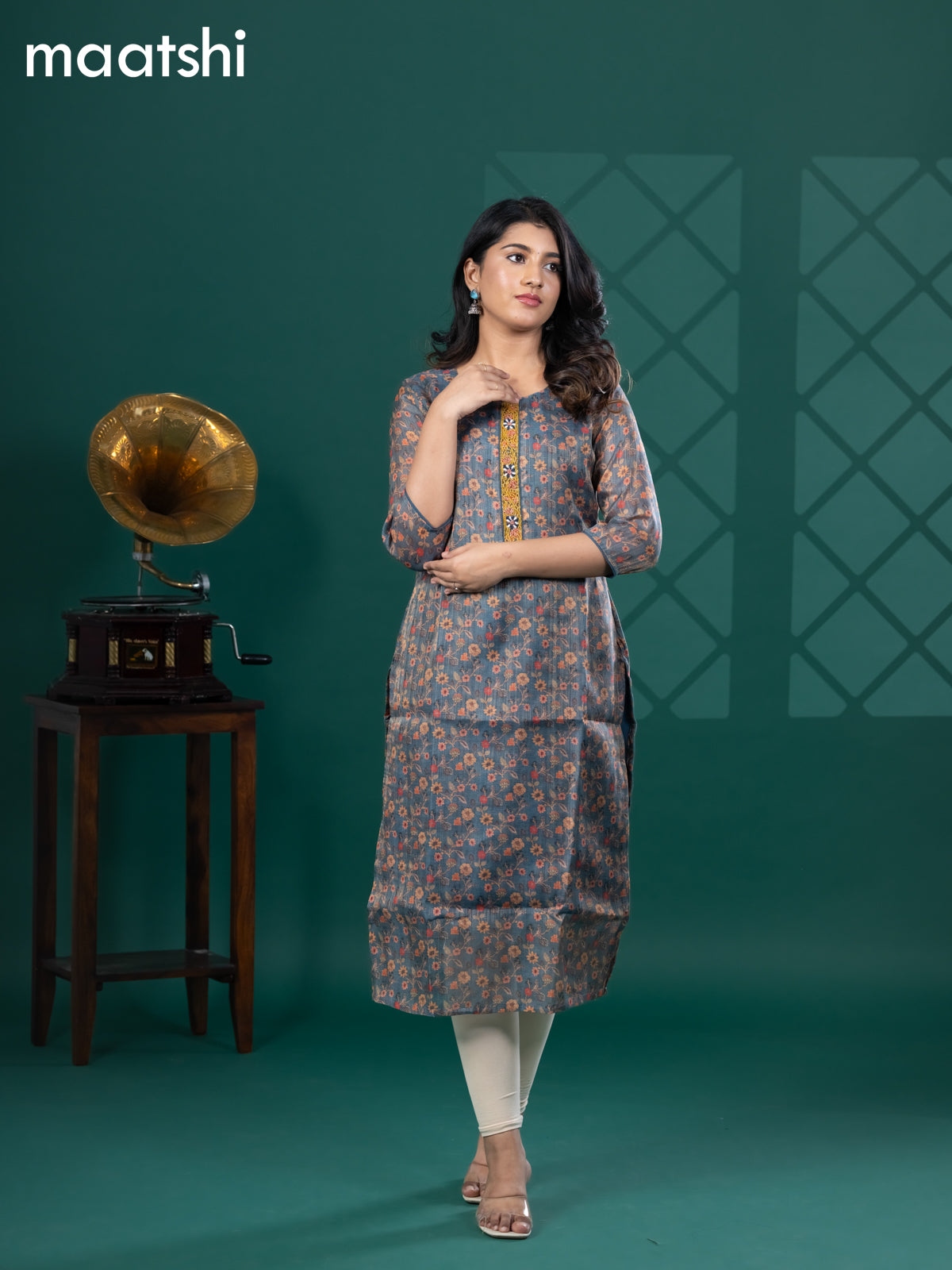 Tissue readymade kurti blue shade with allover floral prints & beaded work neck pattern without bottom