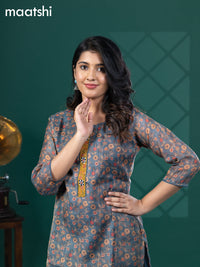 Tissue readymade kurti blue shade with allover floral prints & beaded work neck pattern without bottom