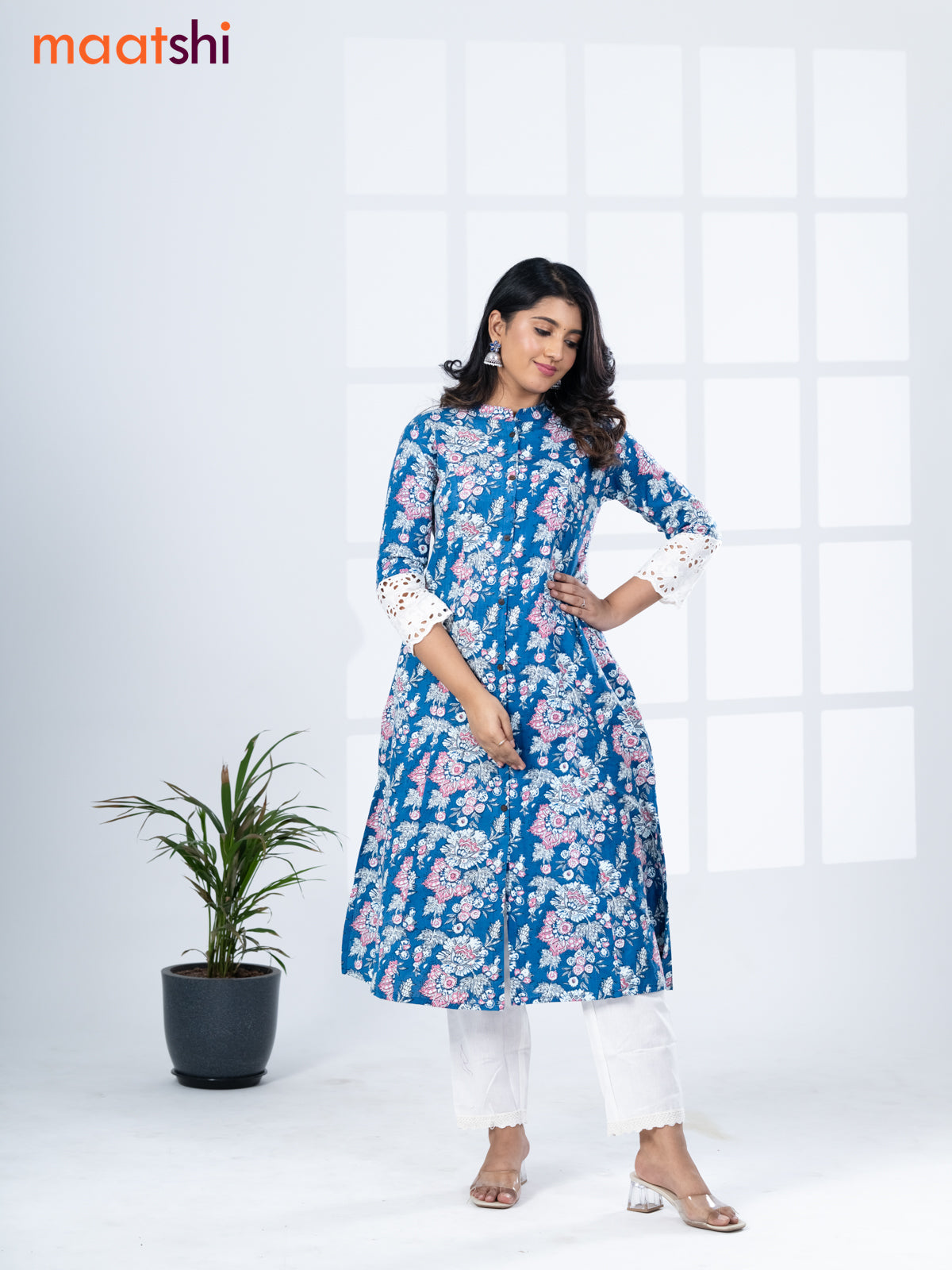 Cotton readymade kurti set blue and white with allover floral prints & simple neck pattern and straight cut pant