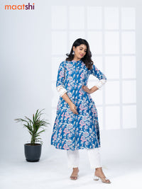 Cotton readymade kurti set blue and white with allover floral prints & simple neck pattern and straight cut pant