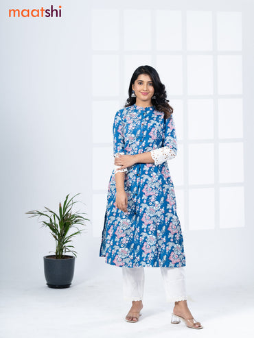 Cotton readymade kurti set blue and white with allover floral prints & simple neck pattern and straight cut pant