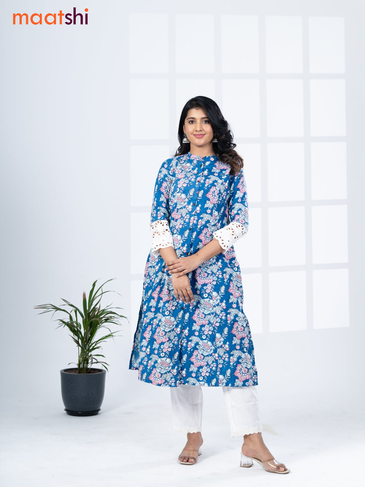 Cotton readymade kurti set blue and white with allover floral prints & simple neck pattern and straight cut pant