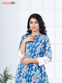 Cotton readymade kurti set blue and white with allover floral prints & simple neck pattern and straight cut pant