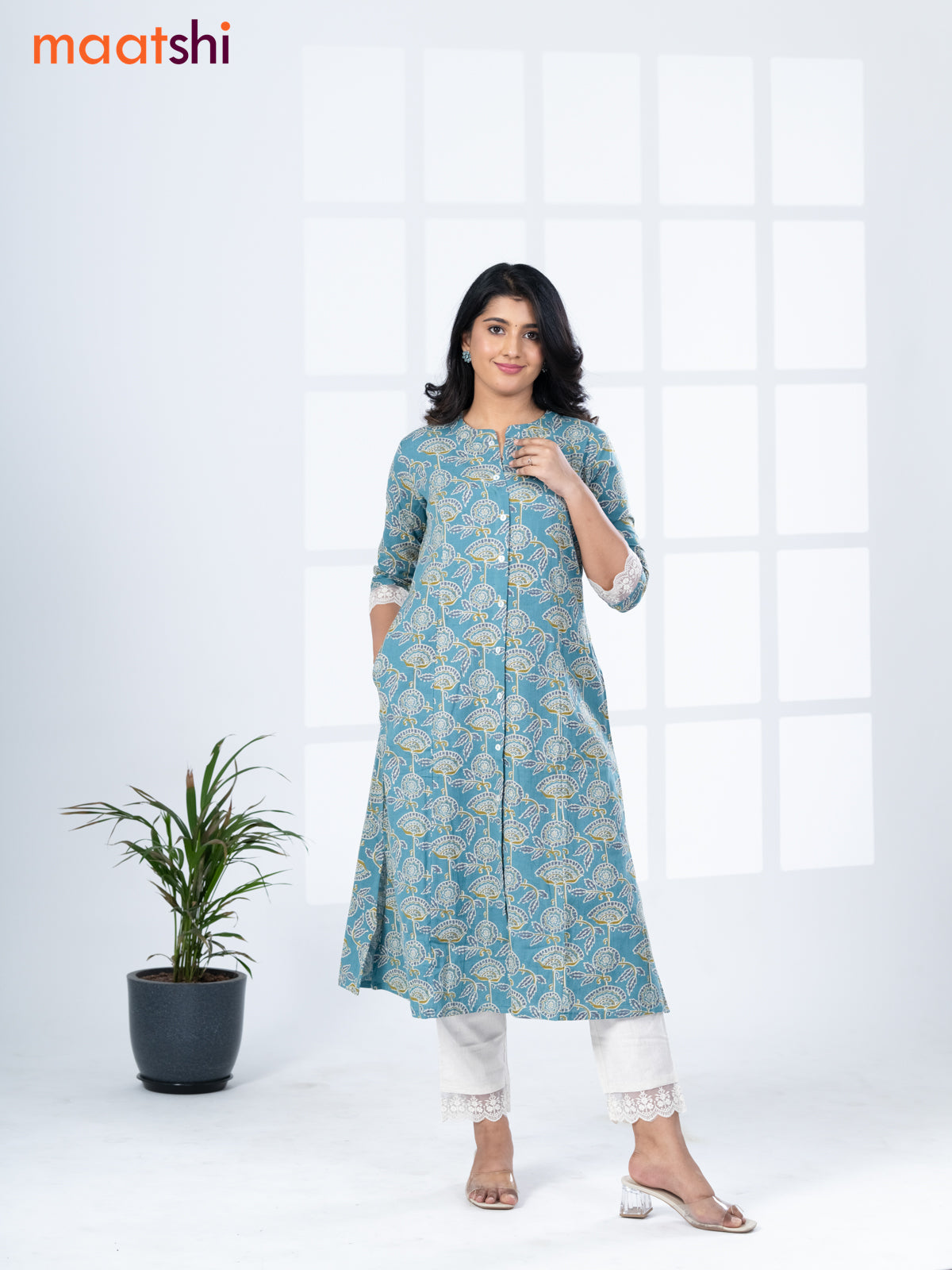 Cotton readymade kurti set teal blue shade and off white with allover floral prints & simple neck pattern and straight cut pant