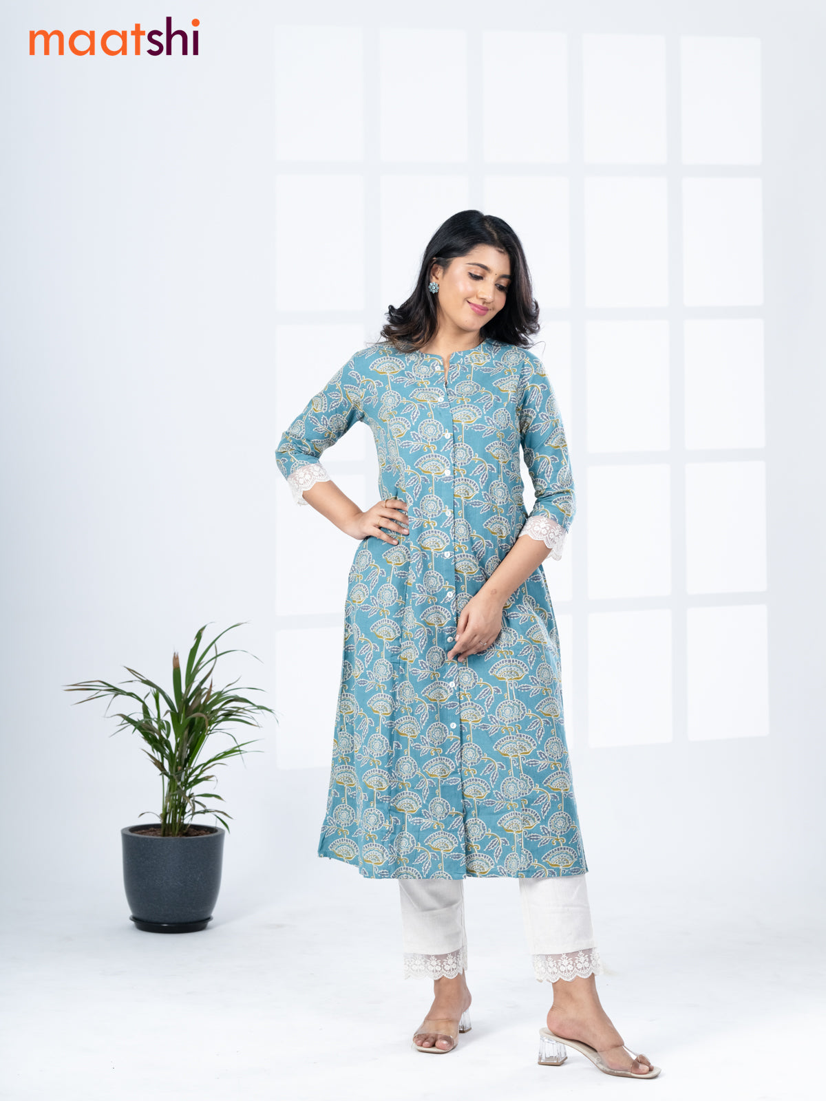 Cotton readymade kurti set teal blue shade and off white with allover floral prints & simple neck pattern and straight cut pant