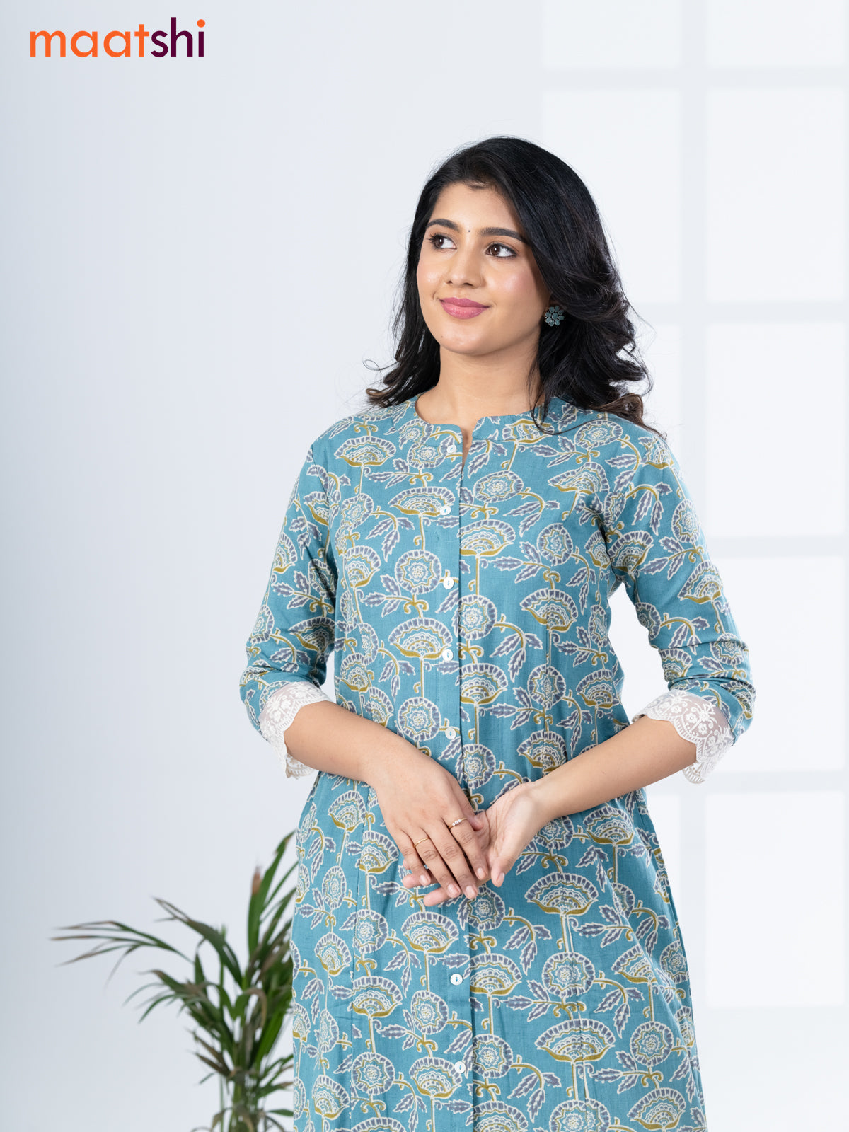 Cotton readymade kurti set teal blue shade and off white with allover floral prints & simple neck pattern and straight cut pant