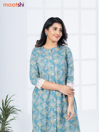 Cotton readymade kurti set teal blue shade and off white with allover floral prints & simple neck pattern and straight cut pant