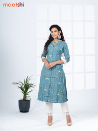 Cotton readymade kurti set teal blue and off white with allover floral prints & simple neck pattern and straight cut pant