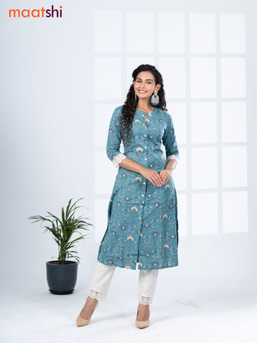 Cotton readymade kurti set teal blue and off white with allover floral prints & simple neck pattern and straight cut pant