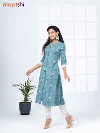 Cotton readymade kurti set teal blue and off white with allover floral prints & simple neck pattern and straight cut pant