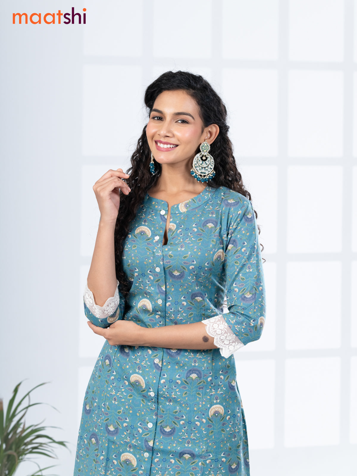 Cotton readymade kurti set teal blue and off white with allover floral prints & simple neck pattern and straight cut pant