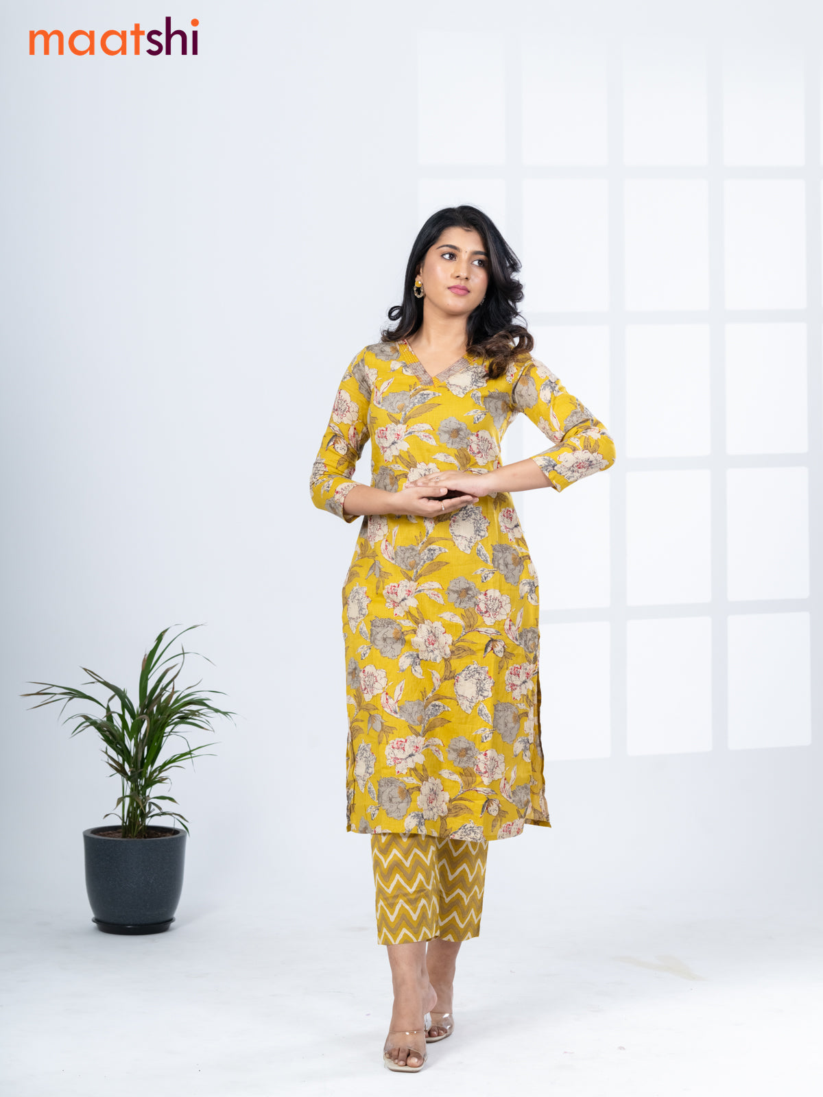 Cotton readymade kurti set lime yellow with allover floral prints & v neck pattern and straight cut pant