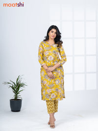 Cotton readymade kurti set lime yellow with allover floral prints & v neck pattern and straight cut pant