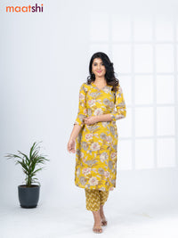 Cotton readymade kurti set lime yellow with allover floral prints & v neck pattern and straight cut pant