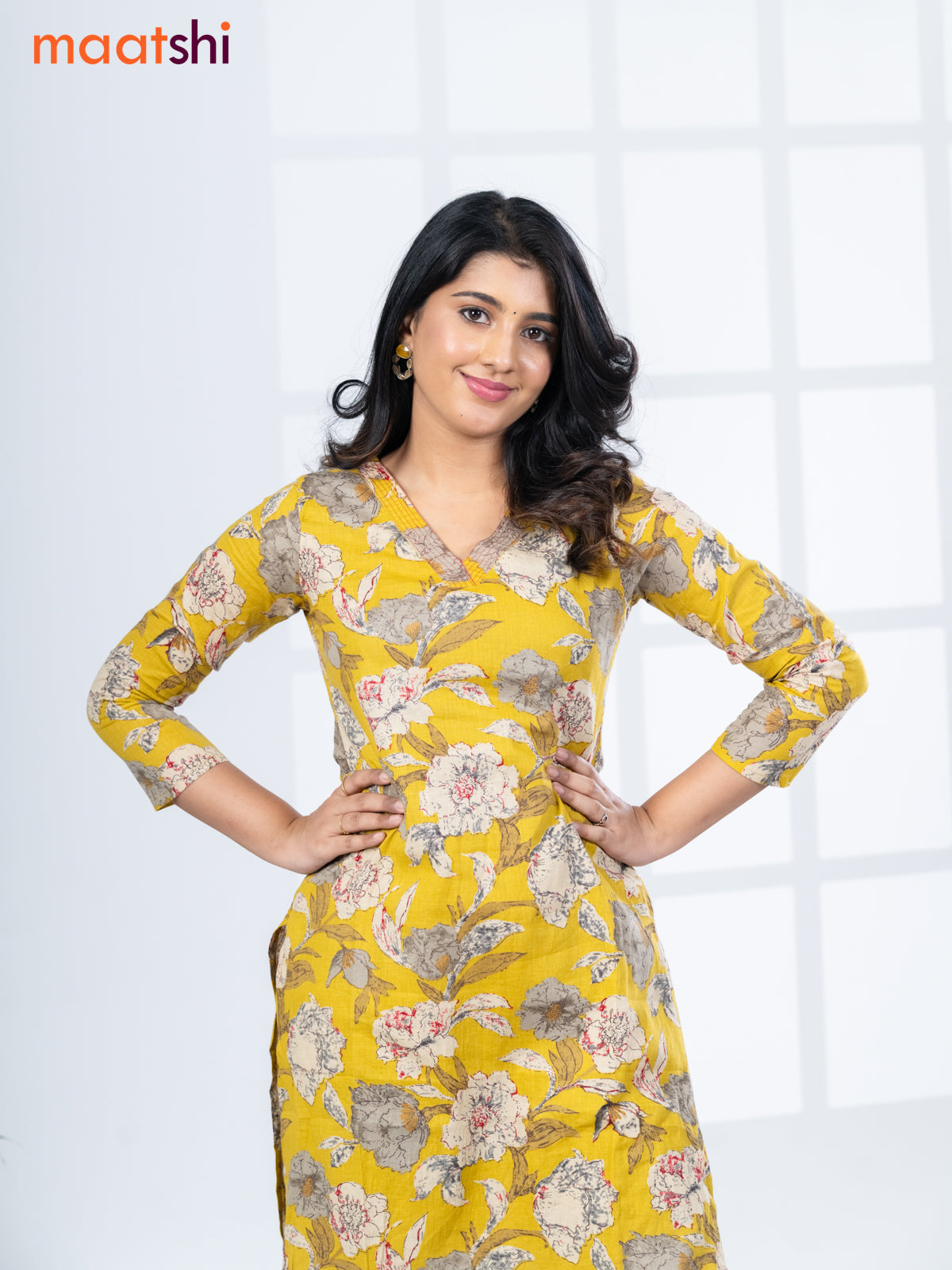 Cotton readymade kurti set lime yellow with allover floral prints & v neck pattern and straight cut pant