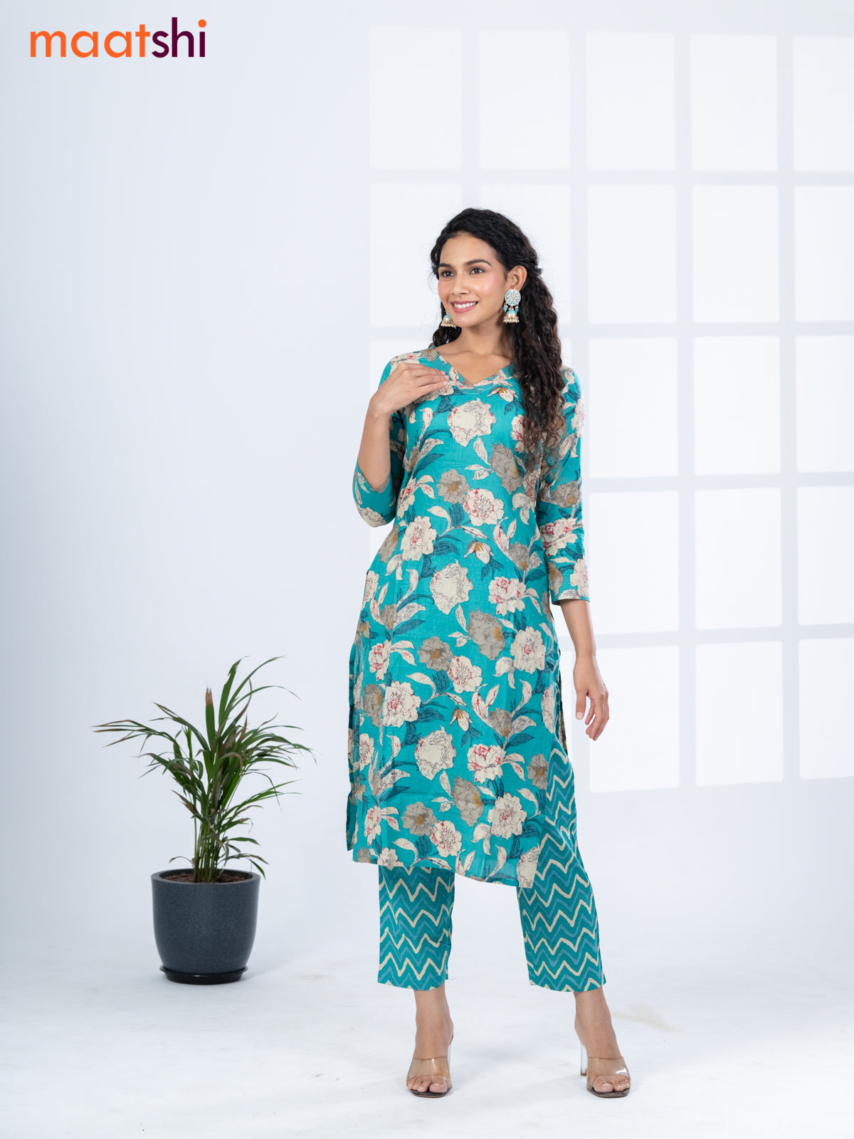 Cotton readymade kurti set teal green with allover floral prints & v neck pattern and straight cut pant