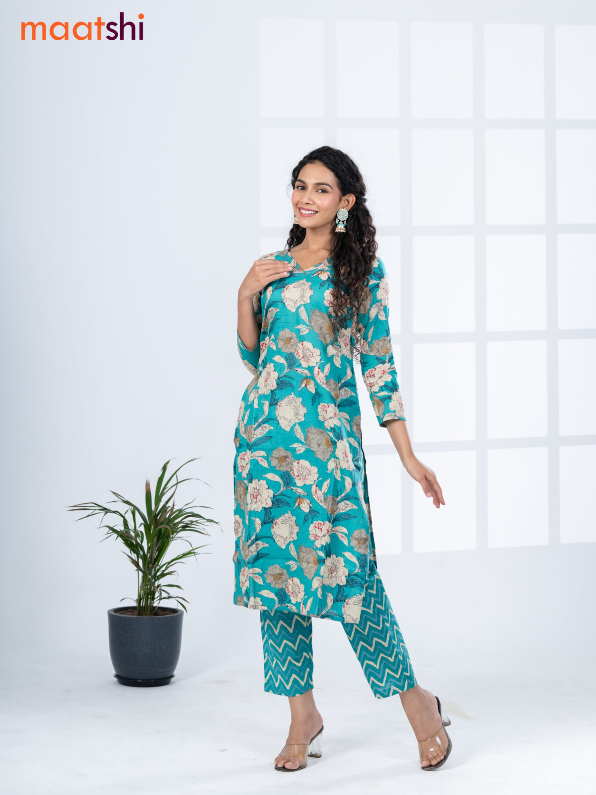 Cotton readymade kurti set teal green with allover floral prints & v neck pattern and straight cut pant