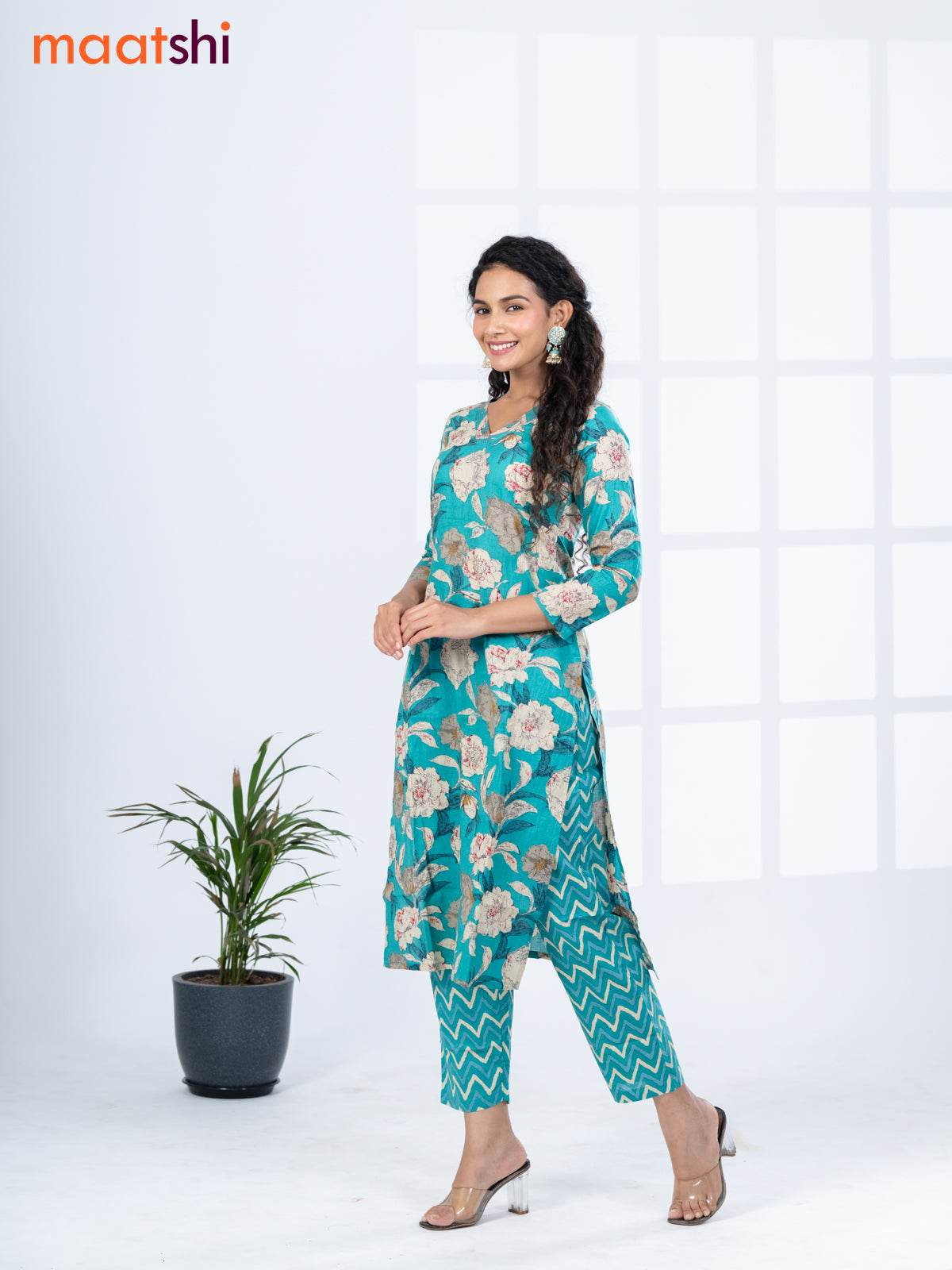 Cotton readymade kurti set teal green with allover floral prints & v neck pattern and straight cut pant