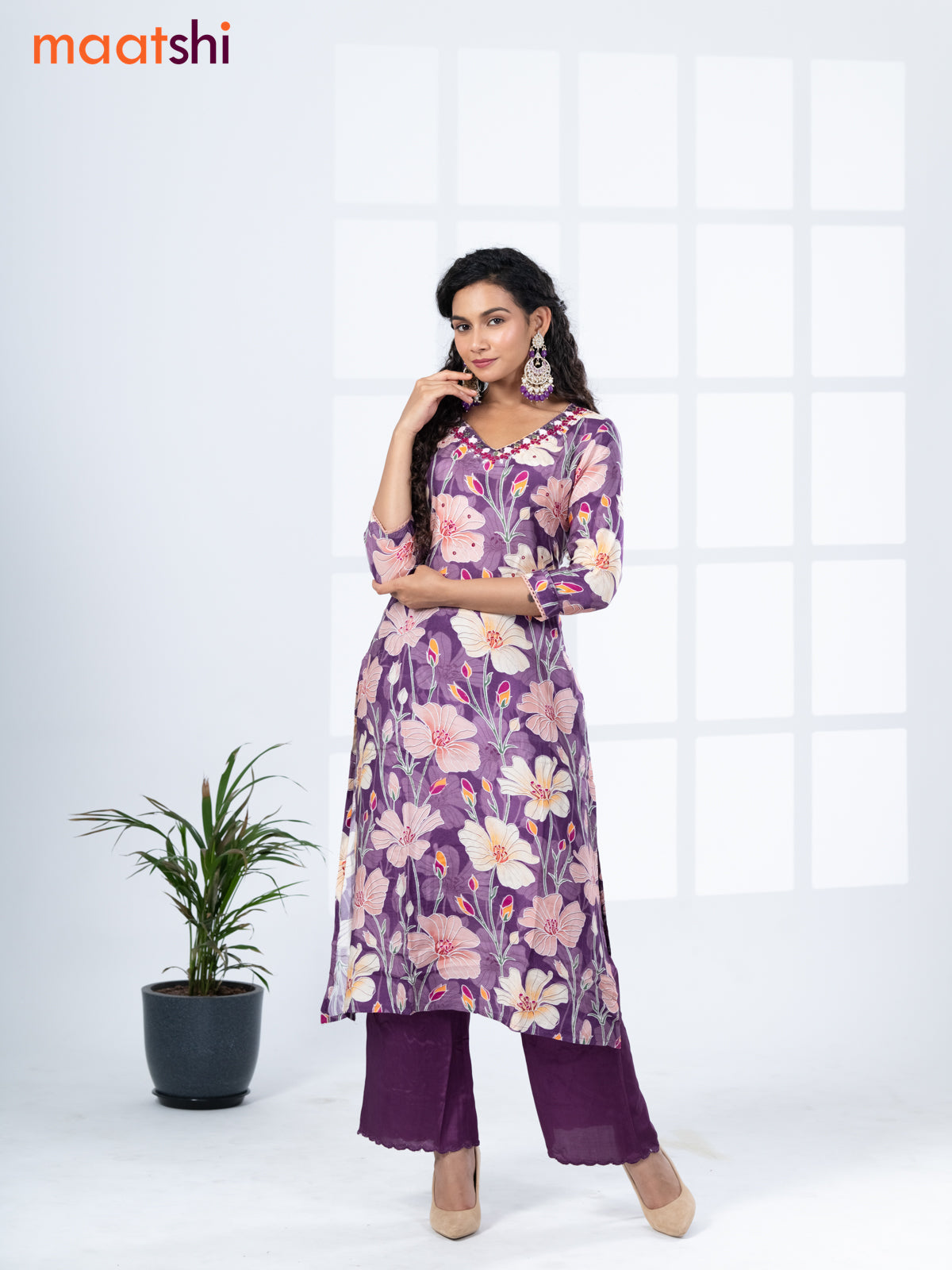 Modal readymade kurti set mild purple and purple with floral prints & mirror embroidery work v neck pattern and straight cut pant