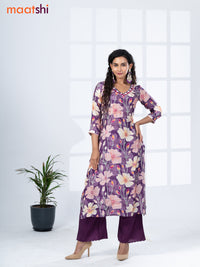 Modal readymade kurti set mild purple and purple with floral prints & mirror embroidery work v neck pattern and straight cut pant