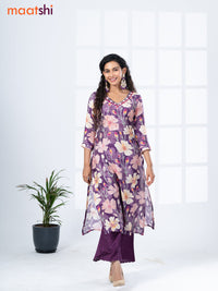 Modal readymade kurti set mild purple and purple with floral prints & mirror embroidery work v neck pattern and straight cut pant