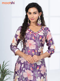 Modal readymade kurti set mild purple and purple with floral prints & mirror embroidery work v neck pattern and straight cut pant