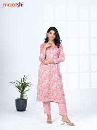 Rayon readymade kurti set red and grey with allover prints & simple neck pattern and straight cut pant