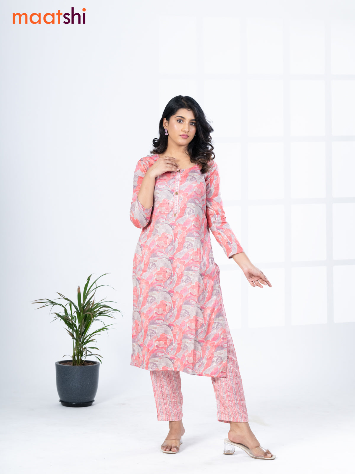 Rayon readymade kurti set red and grey with allover prints & simple neck pattern and straight cut pant