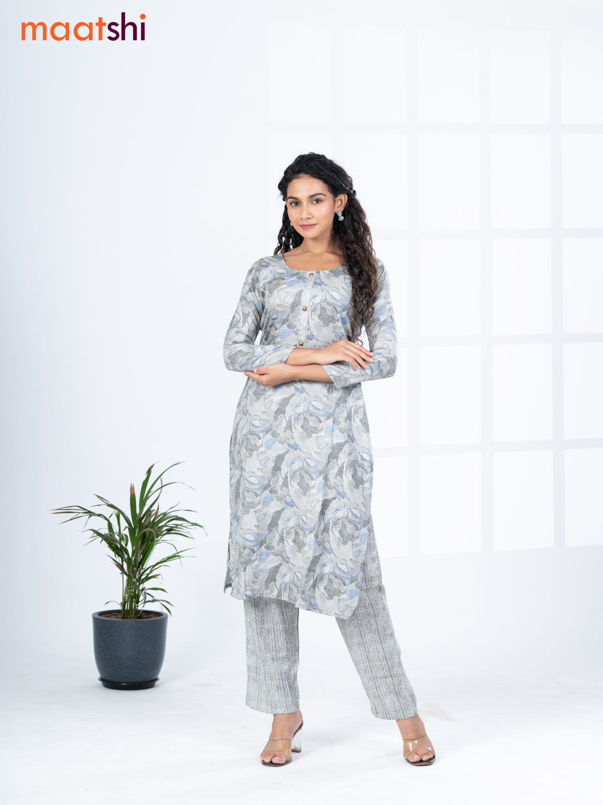 Rayon readymade kurti set grey with allover prints & simple neck pattern and straight cut pant