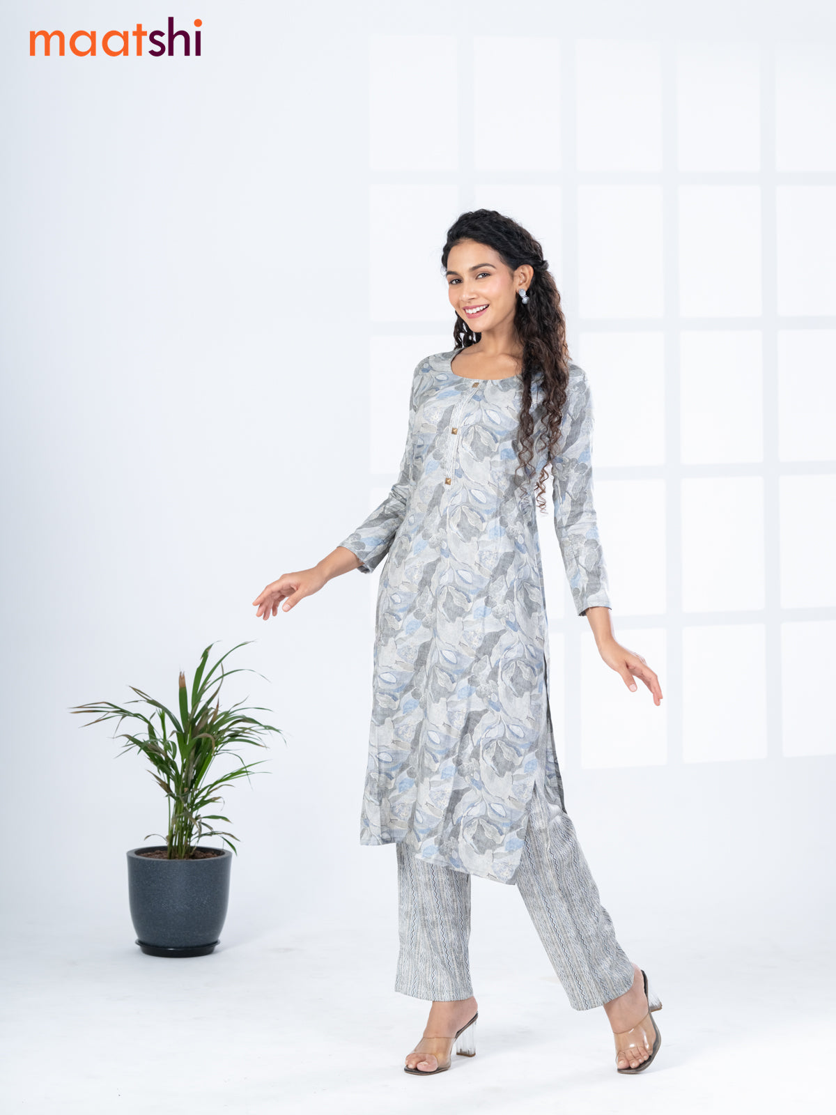 Rayon readymade kurti set grey with allover prints & simple neck pattern and straight cut pant