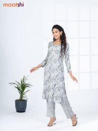 Rayon readymade kurti set grey with allover prints & simple neck pattern and straight cut pant