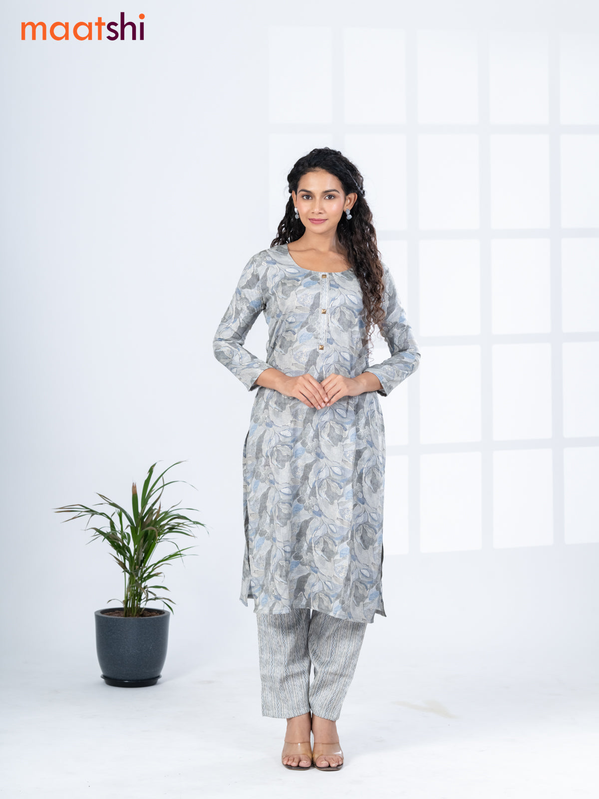 Rayon readymade kurti set grey with allover prints & simple neck pattern and straight cut pant